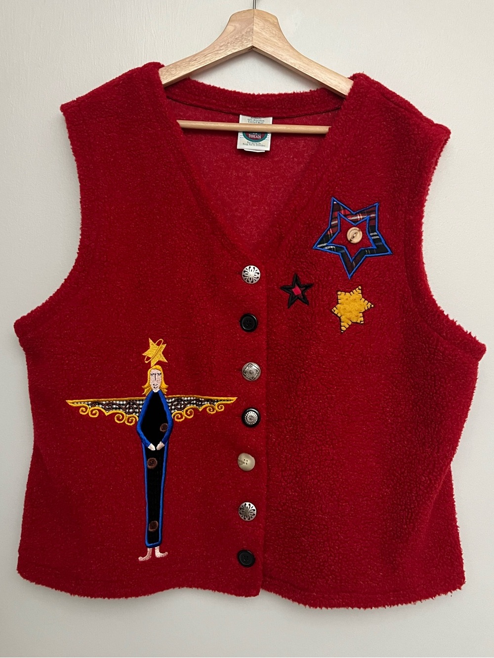 Threads On Threads Red Embroidered Star Angel Sherpa Vest
